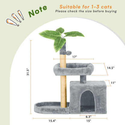 Wecharmer Indoor Cat Tree Tower with Green Leaves, Plush Cat Condo, Scratching Posts, and Hanging Ball