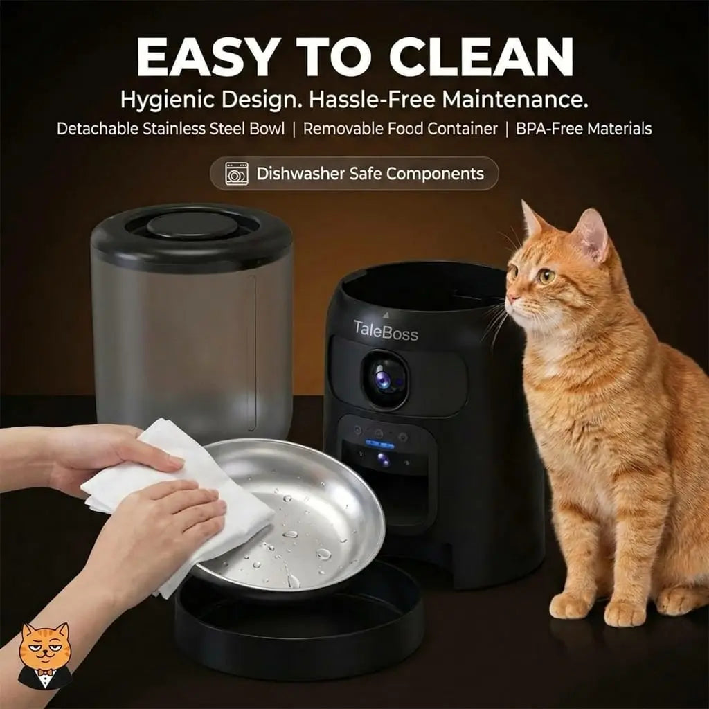 Taleboss 5L Smart Wi-Fi Automatic Pet Food Dispenser with Dual HD Cameras, Wide Angle Night Vision, App Control, Two-Way Audio, Interactive Play Teaser Toy, and Training Accessories for Indoor Cats