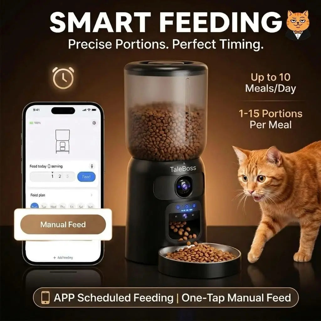 Taleboss 5L Smart Wi-Fi Automatic Pet Food Dispenser with Dual HD Cameras, Wide Angle Night Vision, App Control, Two-Way Audio, Interactive Play Teaser Toy, and Training Accessories for Indoor Cats