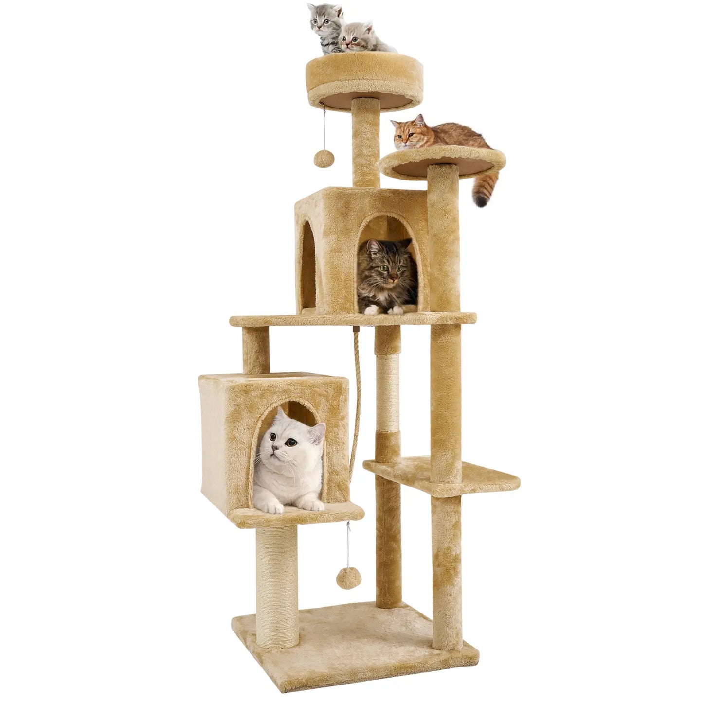 Wecharmer Indoor Cat Tree Tower with Green Leaves, Plush Cat Condo, Scratching Posts, and Hanging Ball