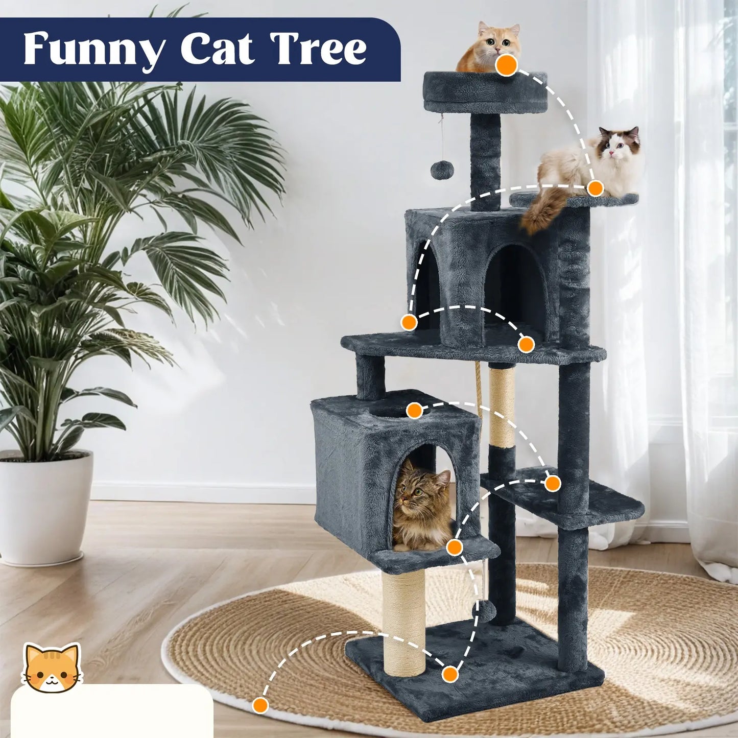 Wecharmer Indoor Cat Tree Tower with Green Leaves, Plush Cat Condo, Scratching Posts, and Hanging Ball