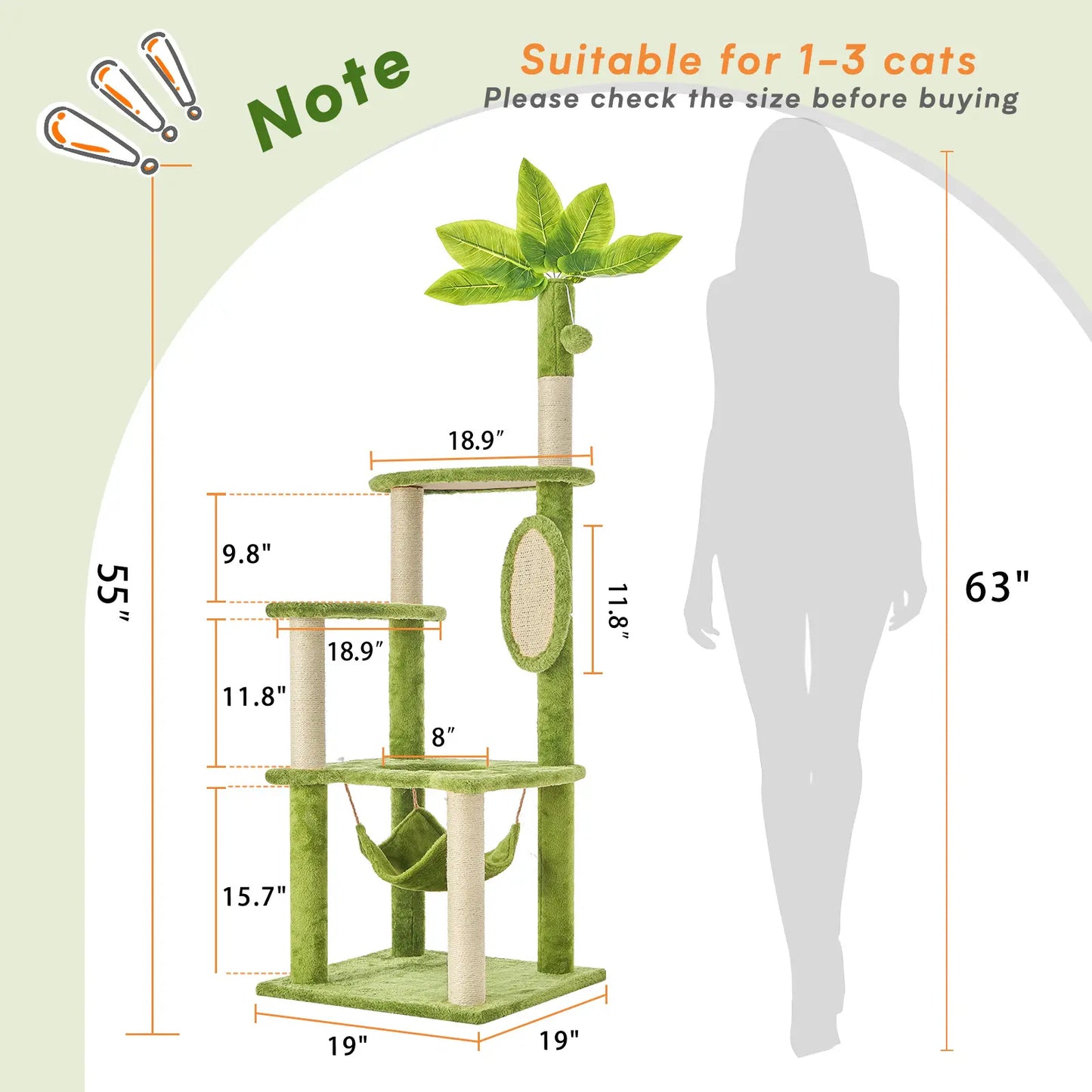 Wecharmer Indoor Cat Tree Tower with Green Leaves, Plush Cat Condo, Scratching Posts, and Hanging Ball