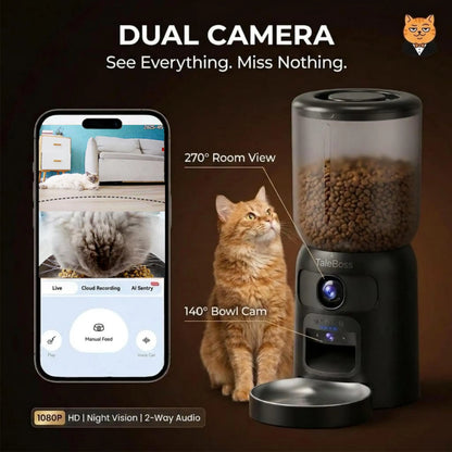 Taleboss 5L Smart Wi-Fi Automatic Pet Food Dispenser with Dual HD Cameras, Wide Angle Night Vision, App Control, Two-Way Audio, Interactive Play Teaser Toy, and Training Accessories for Indoor Cats