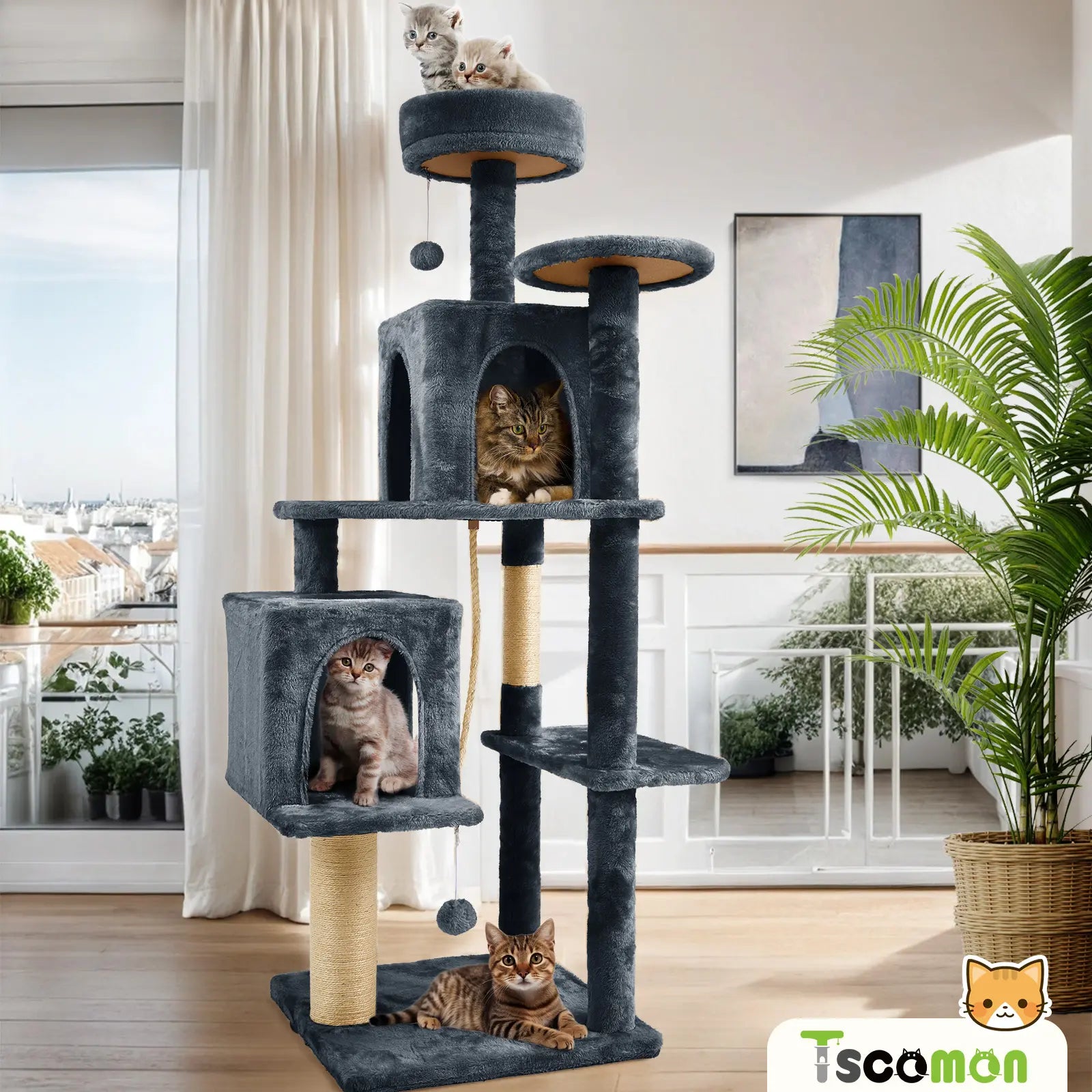 Wecharmer Indoor Cat Tree Tower with Green Leaves, Plush Cat Condo, Scratching Posts, and Hanging Ball