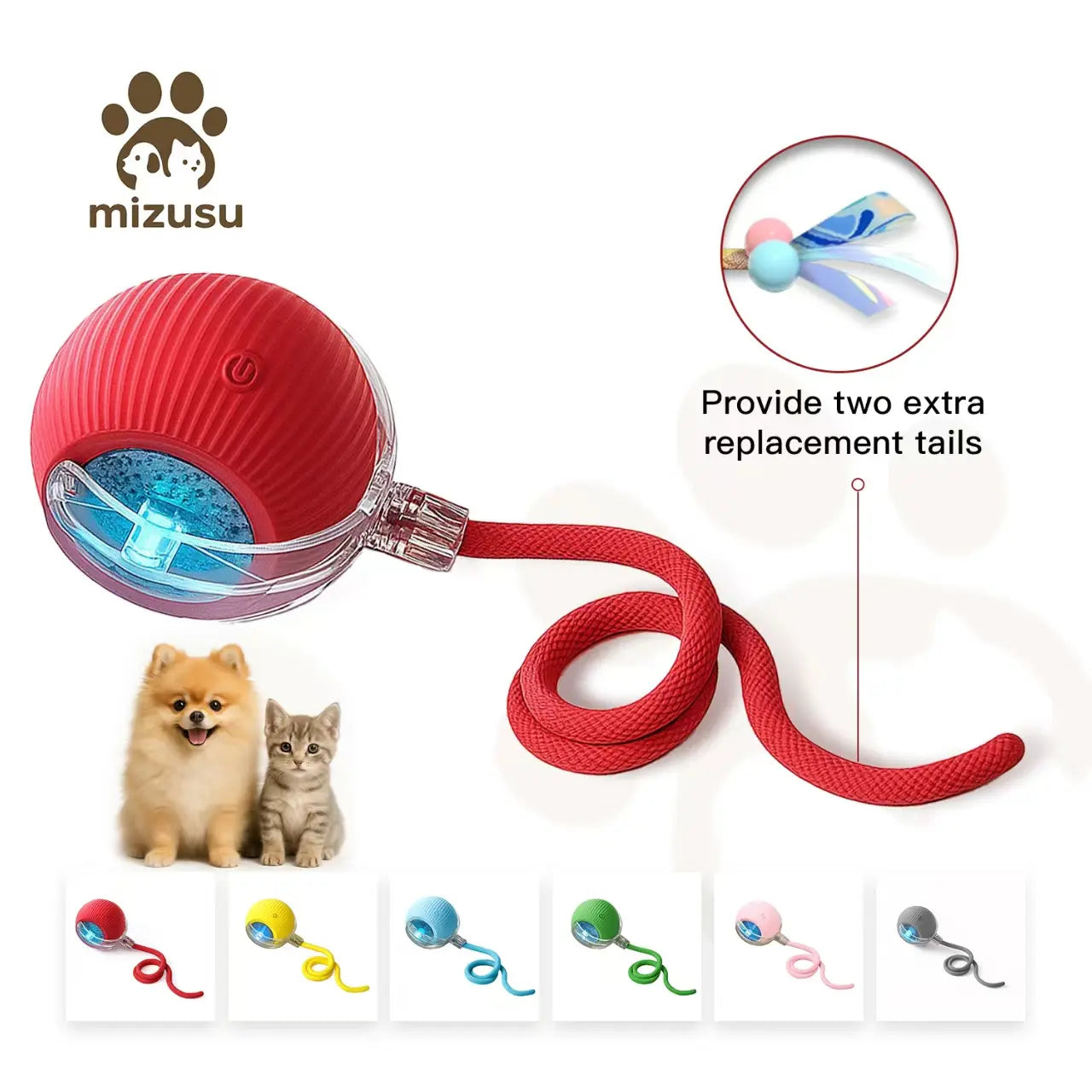 Mizusu Interactive Teaser Toy for Cats and Dogs with Two Additional Tails - Rolling Ball Toy for Kittens and Pets, Ideal Dog and Cat Accessories