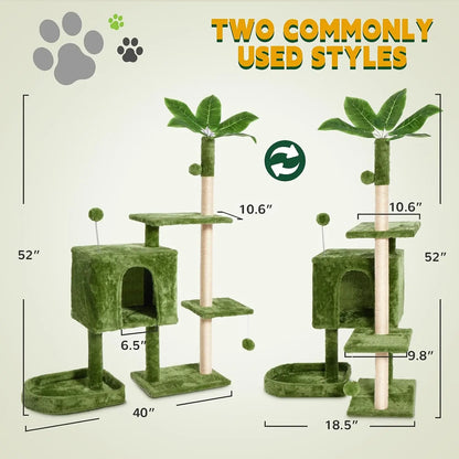 Wecharmer Indoor Cat Tree Tower with Green Leaves, Plush Cat Condo, Scratching Posts, and Hanging Ball