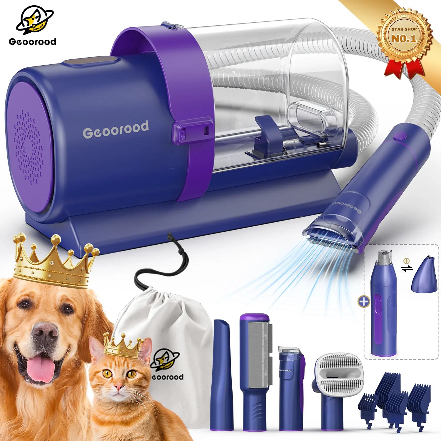 Geoorood All-In-One Dog Grooming Kit with Vacuum Brush, 2.5L Capacity, Stainless Steel Blades, Lightweight Design, 13Kpa Suction Force, Portable Cleaning Solution