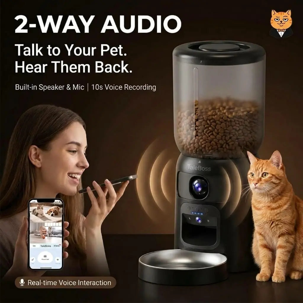 Taleboss 5L Smart Wi-Fi Automatic Pet Food Dispenser with Dual HD Cameras, Wide Angle Night Vision, App Control, Two-Way Audio, Interactive Play Teaser Toy, and Training Accessories for Indoor Cats
