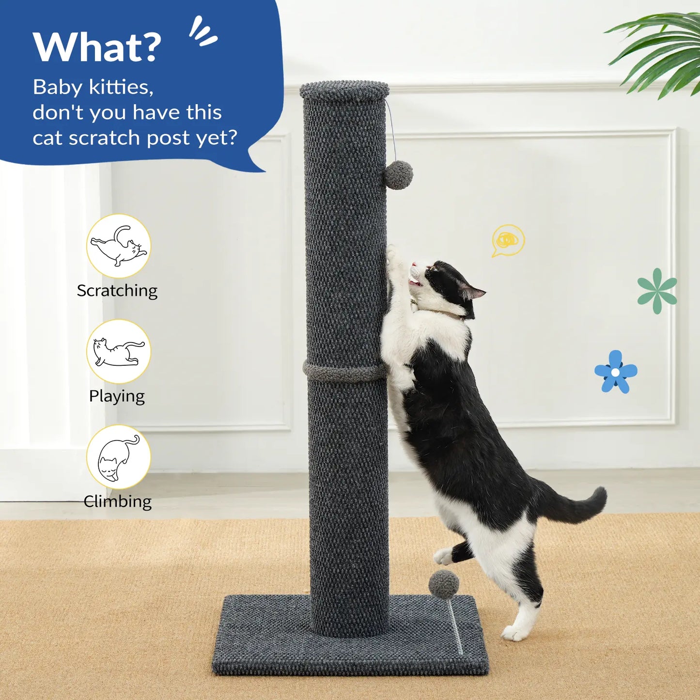 MADE 4 PETS Indoor Cat Scratching Post - 41.73" Height, Sturdy Base, Replaceable Spring Toy, Compact Design for Nail Health