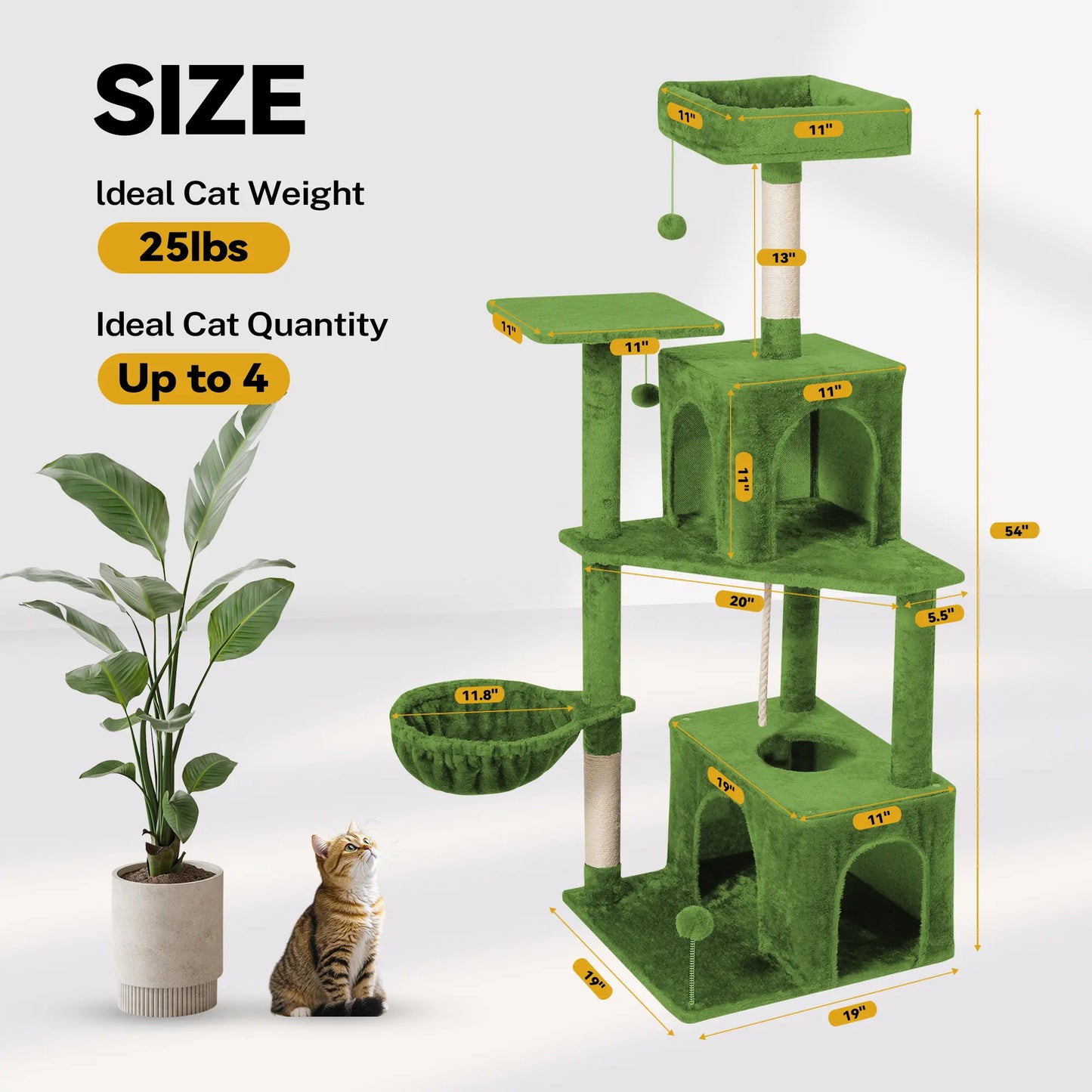 Wecharmer Indoor Cat Tree Tower with Green Leaves, Plush Cat Condo, Scratching Posts, and Hanging Ball