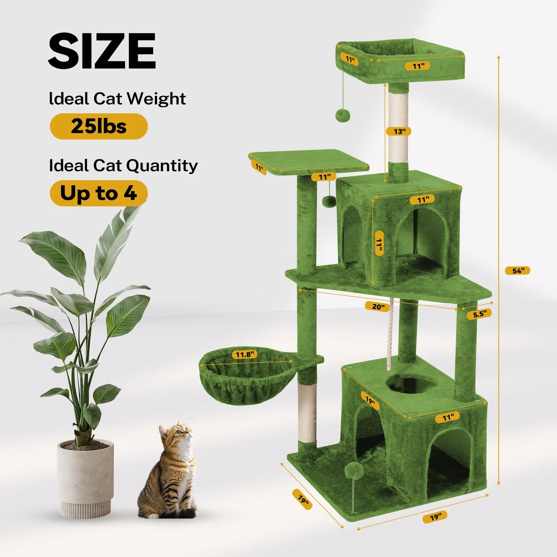 Wecharmer Indoor Cat Tree Tower with Green Leaves, Plush Cat Condo, Scratching Posts, and Hanging Ball