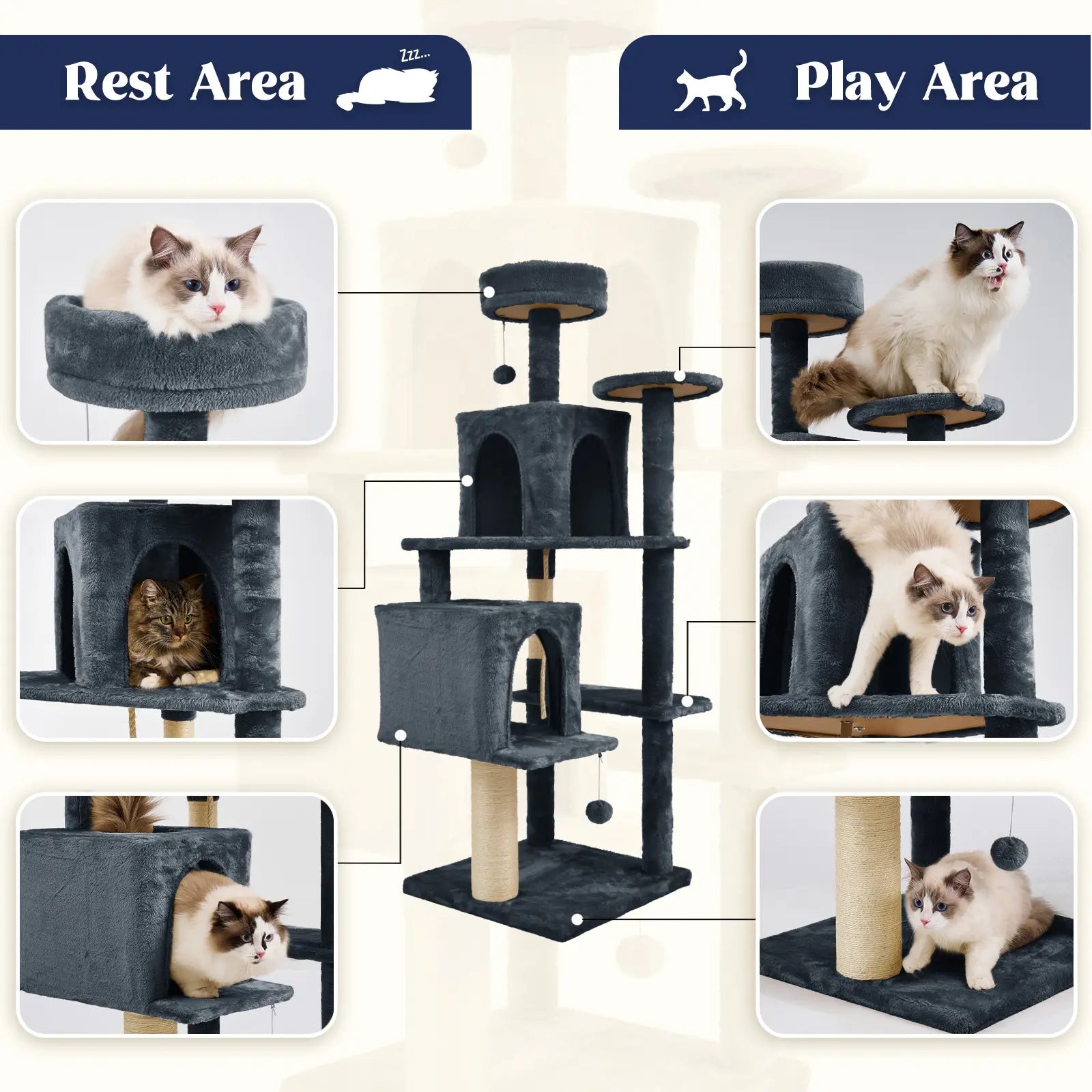 Wecharmer Indoor Cat Tree Tower with Green Leaves, Plush Cat Condo, Scratching Posts, and Hanging Ball