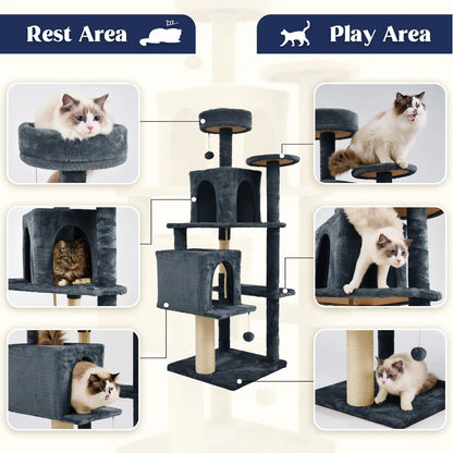 Wecharmer Indoor Cat Tree Tower with Green Leaves, Plush Cat Condo, Scratching Posts, and Hanging Ball
