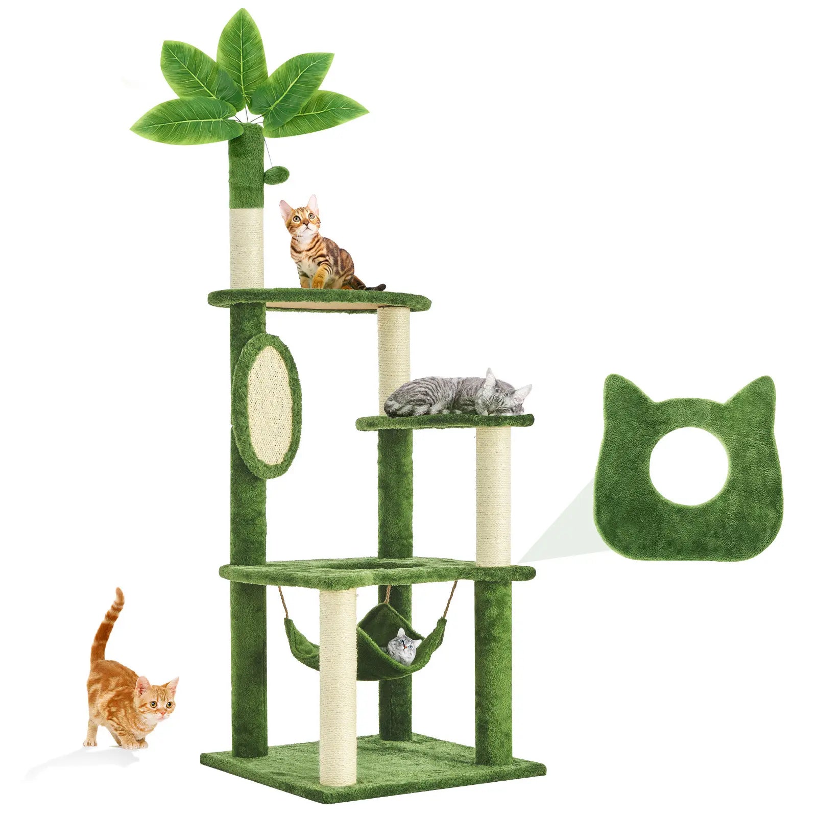 Wecharmer Indoor Cat Tree Tower with Green Leaves, Plush Cat Condo, Scratching Posts, and Hanging Ball