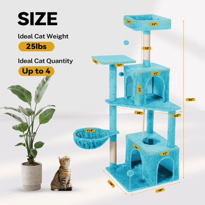 Wecharmer Indoor Cat Tree Tower with Green Leaves, Plush Cat Condo, Scratching Posts, and Hanging Ball