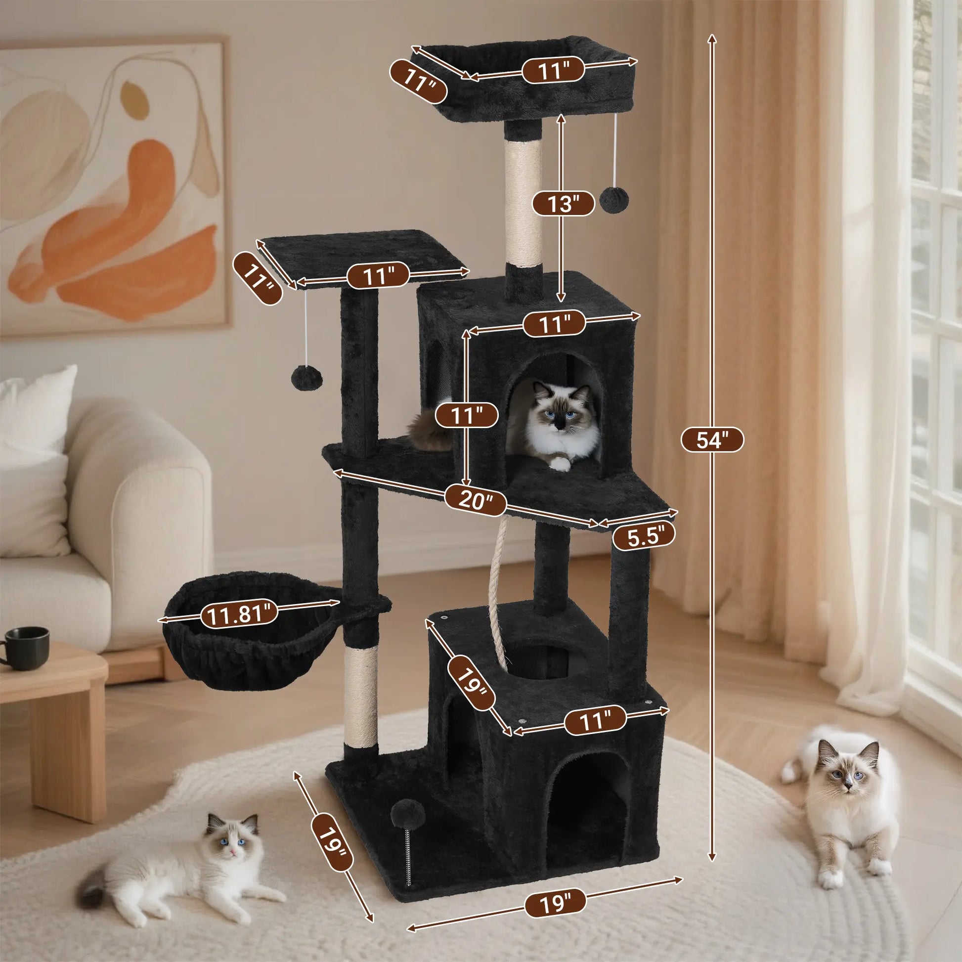 Wecharmer Indoor Cat Tree Tower with Green Leaves, Plush Cat Condo, Scratching Posts, and Hanging Ball