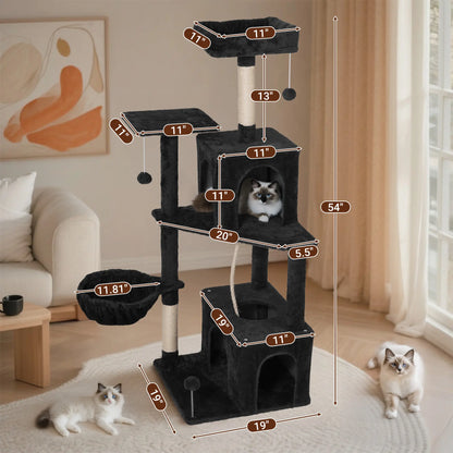 Wecharmer Indoor Cat Tree Tower with Green Leaves, Plush Cat Condo, Scratching Posts, and Hanging Ball