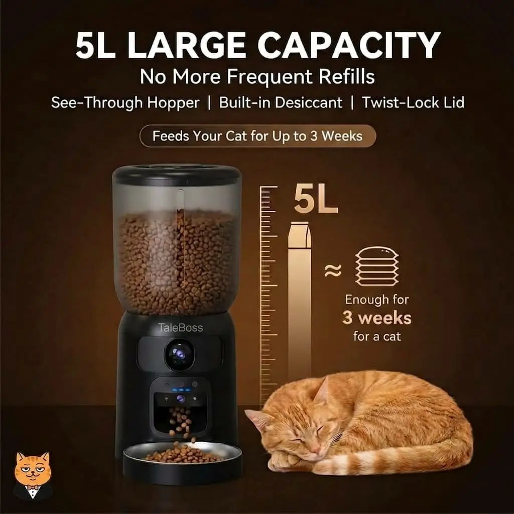 Taleboss 5L Smart Wi-Fi Automatic Pet Food Dispenser with Dual HD Cameras, Wide Angle Night Vision, App Control, Two-Way Audio, Interactive Play Teaser Toy, and Training Accessories for Indoor Cats