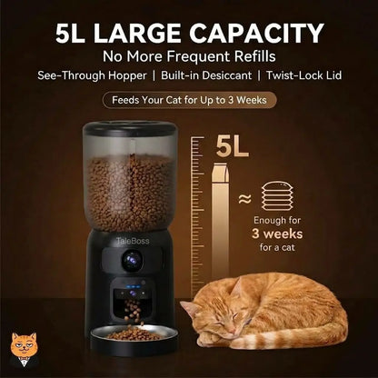 Taleboss 5L Smart Wi-Fi Automatic Pet Food Dispenser with Dual HD Cameras, Wide Angle Night Vision, App Control, Two-Way Audio, Interactive Play Teaser Toy, and Training Accessories for Indoor Cats