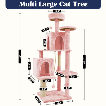 Wecharmer Indoor Cat Tree Tower with Green Leaves, Plush Cat Condo, Scratching Posts, and Hanging Ball