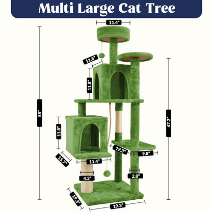 Wecharmer Indoor Cat Tree Tower with Green Leaves, Plush Cat Condo, Scratching Posts, and Hanging Ball