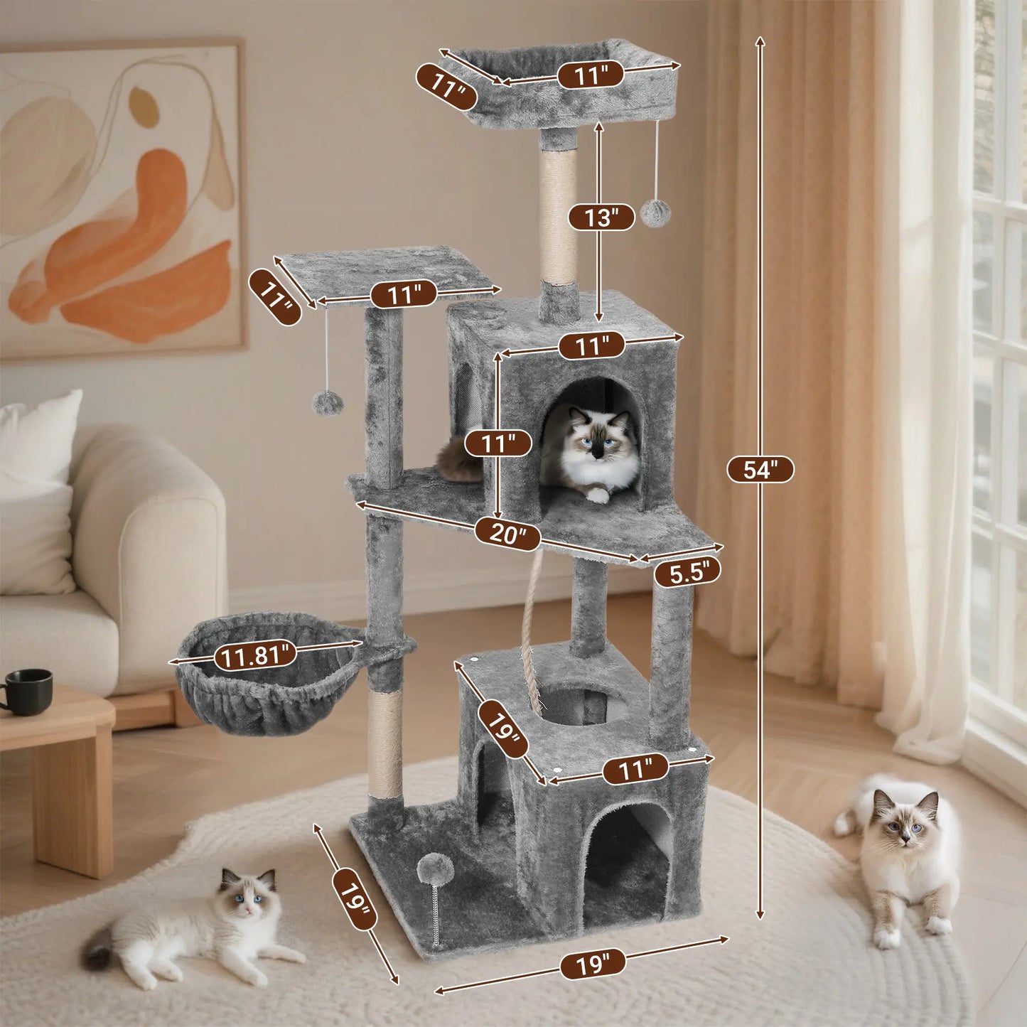 Wecharmer Indoor Cat Tree Tower with Green Leaves, Plush Cat Condo, Scratching Posts, and Hanging Ball