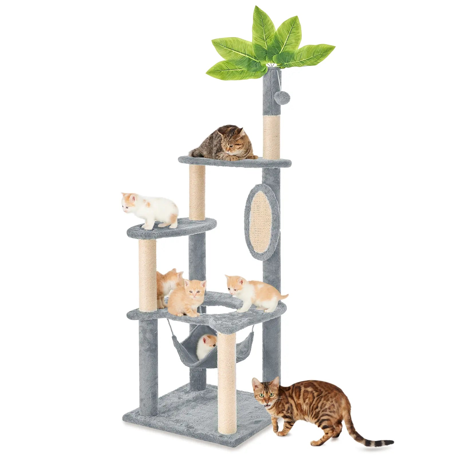 Wecharmer Indoor Cat Tree Tower with Green Leaves, Plush Cat Condo, Scratching Posts, and Hanging Ball