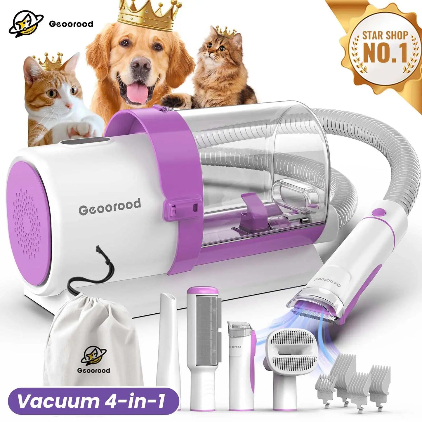 Geoorood All-In-One Dog Grooming Kit with Vacuum Brush, 2.5L Capacity, Stainless Steel Blades, Lightweight Design, 13Kpa Suction Force, Portable Cleaning Solution