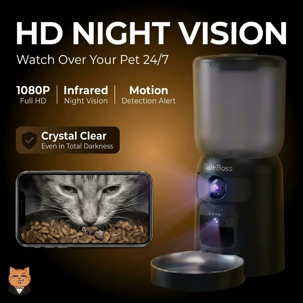 Taleboss 5L Smart Wi-Fi Automatic Pet Food Dispenser with Dual HD Cameras, Wide Angle Night Vision, App Control, Two-Way Audio, Interactive Play Teaser Toy, and Training Accessories for Indoor Cats