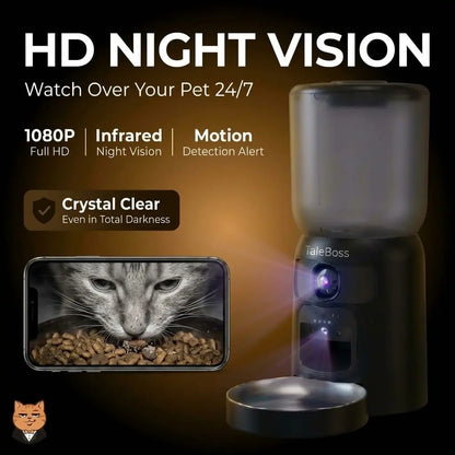 Taleboss 5L Smart Wi-Fi Automatic Pet Food Dispenser with Dual HD Cameras, Wide Angle Night Vision, App Control, Two-Way Audio, Interactive Play Teaser Toy, and Training Accessories for Indoor Cats