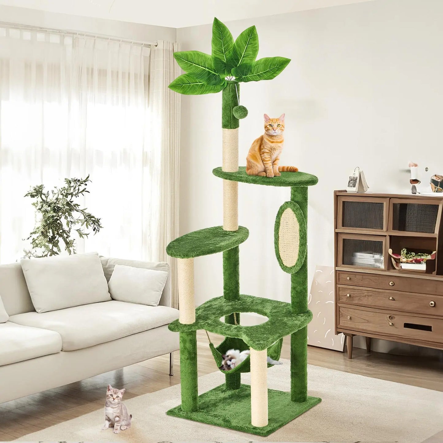 Wecharmer Indoor Cat Tree Tower with Green Leaves, Plush Cat Condo, Scratching Posts, and Hanging Ball
