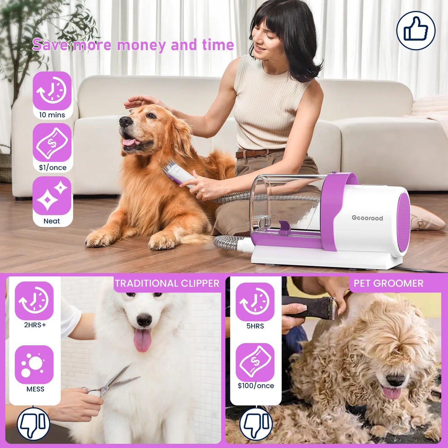Geoorood All-In-One Dog Grooming Kit with Vacuum Brush, 2.5L Capacity, Stainless Steel Blades, Lightweight Design, 13Kpa Suction Force, Portable Cleaning Solution
