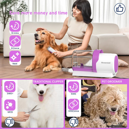 Geoorood All-In-One Dog Grooming Kit with Vacuum Brush, 2.5L Capacity, Stainless Steel Blades, Lightweight Design, 13Kpa Suction Force, Portable Cleaning Solution