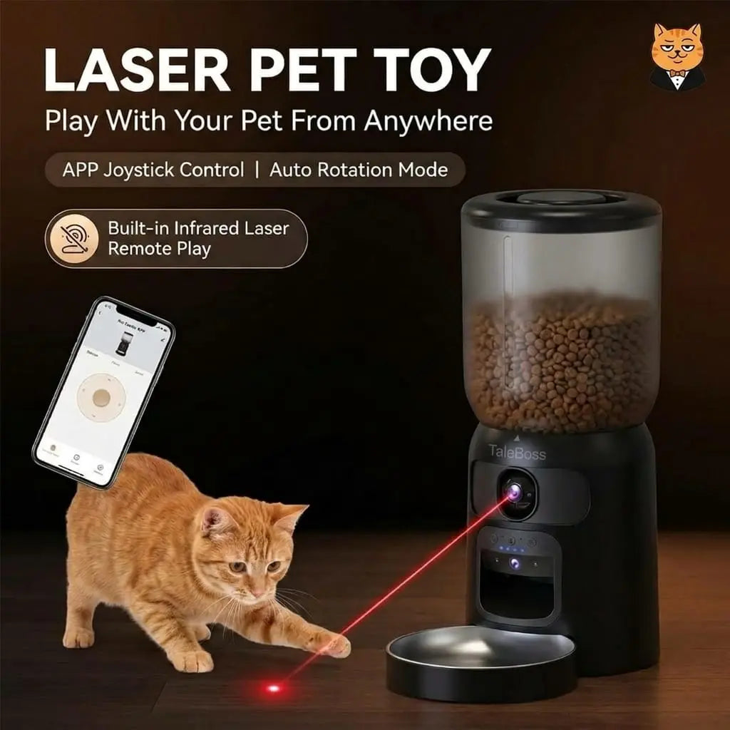Taleboss 5L Smart Wi-Fi Automatic Pet Food Dispenser with Dual HD Cameras, Wide Angle Night Vision, App Control, Two-Way Audio, Interactive Play Teaser Toy, and Training Accessories for Indoor Cats