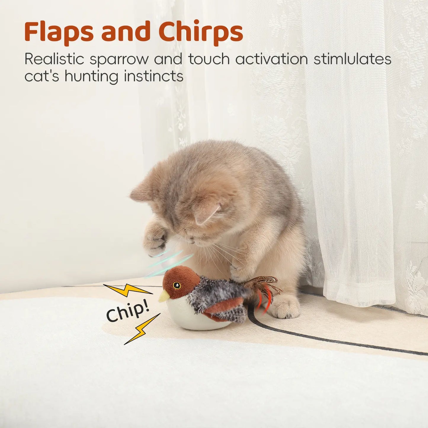 Potaroma Interactive Rechargeable Cat Toy - Lifelike Flapping Bird with Chirping Sounds for Engaging Play