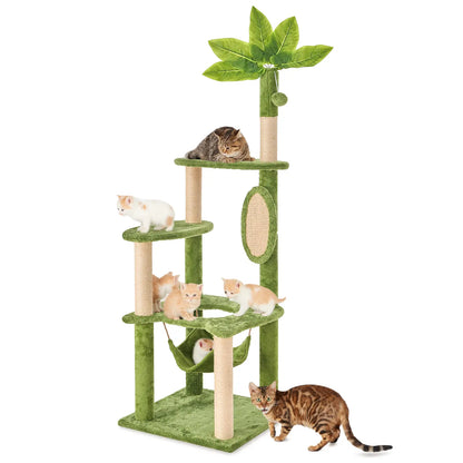 Wecharmer Indoor Cat Tree Tower with Green Leaves, Plush Cat Condo, Scratching Posts, and Hanging Ball