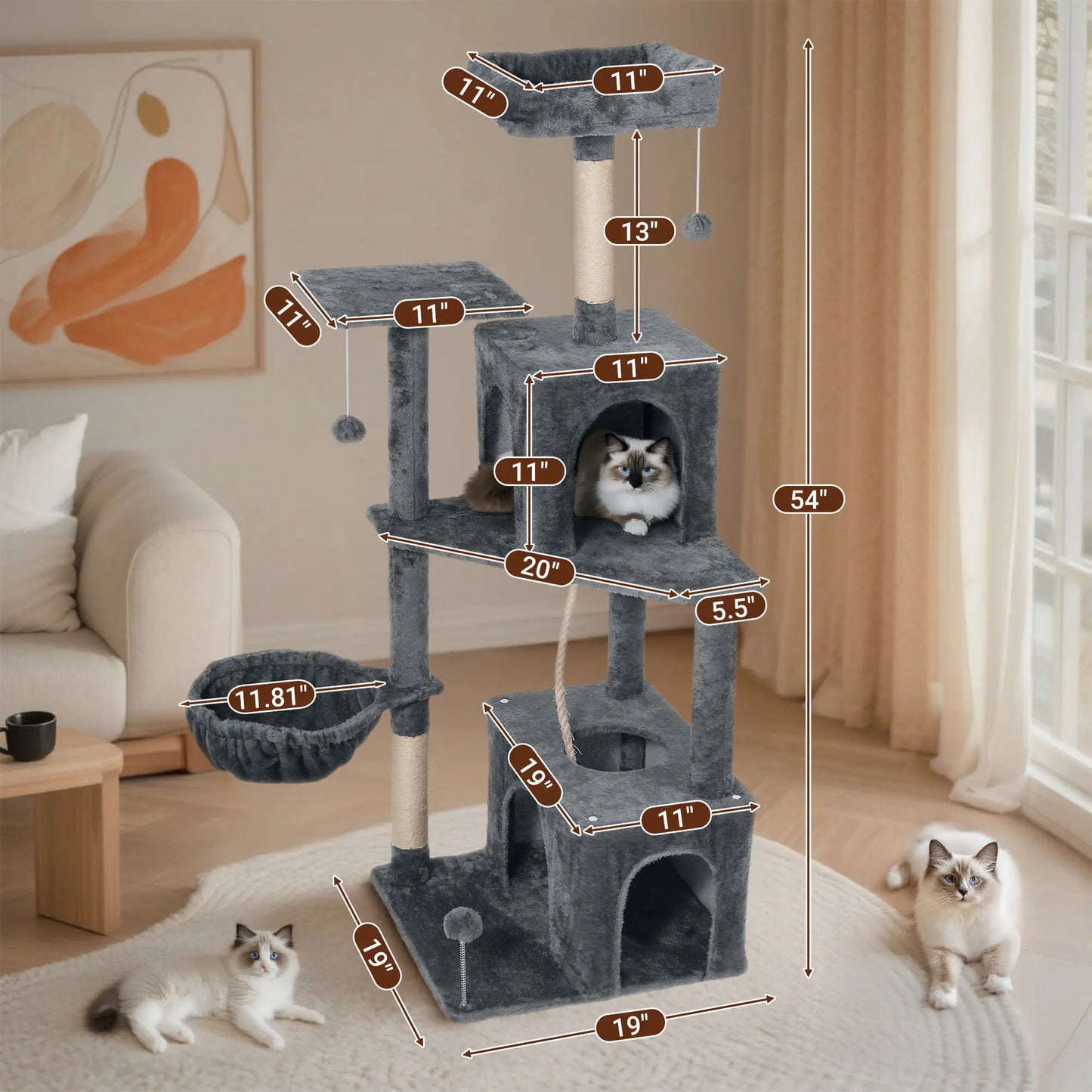 Wecharmer Indoor Cat Tree Tower with Green Leaves, Plush Cat Condo, Scratching Posts, and Hanging Ball