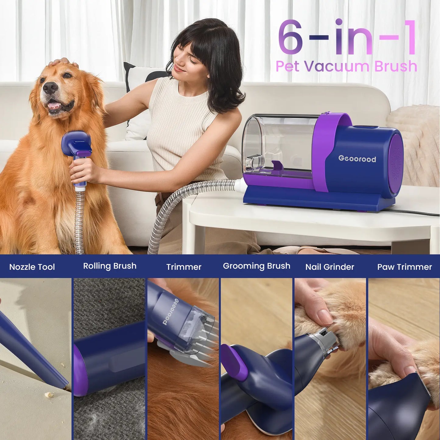 Geoorood All-In-One Dog Grooming Kit with Vacuum Brush, 2.5L Capacity, Stainless Steel Blades, Lightweight Design, 13Kpa Suction Force, Portable Cleaning Solution