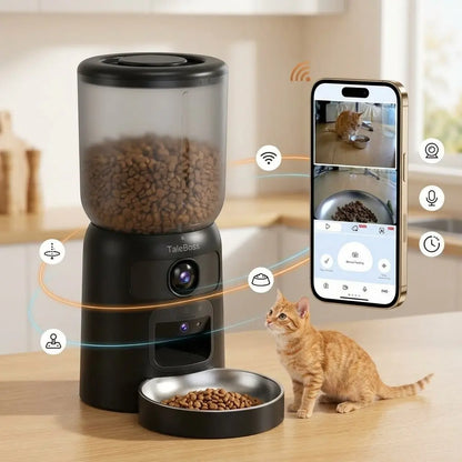 Taleboss 5L Smart Wi-Fi Automatic Pet Food Dispenser with Dual HD Cameras, Wide Angle Night Vision, App Control, Two-Way Audio, Interactive Play Teaser Toy, and Training Accessories for Indoor Cats