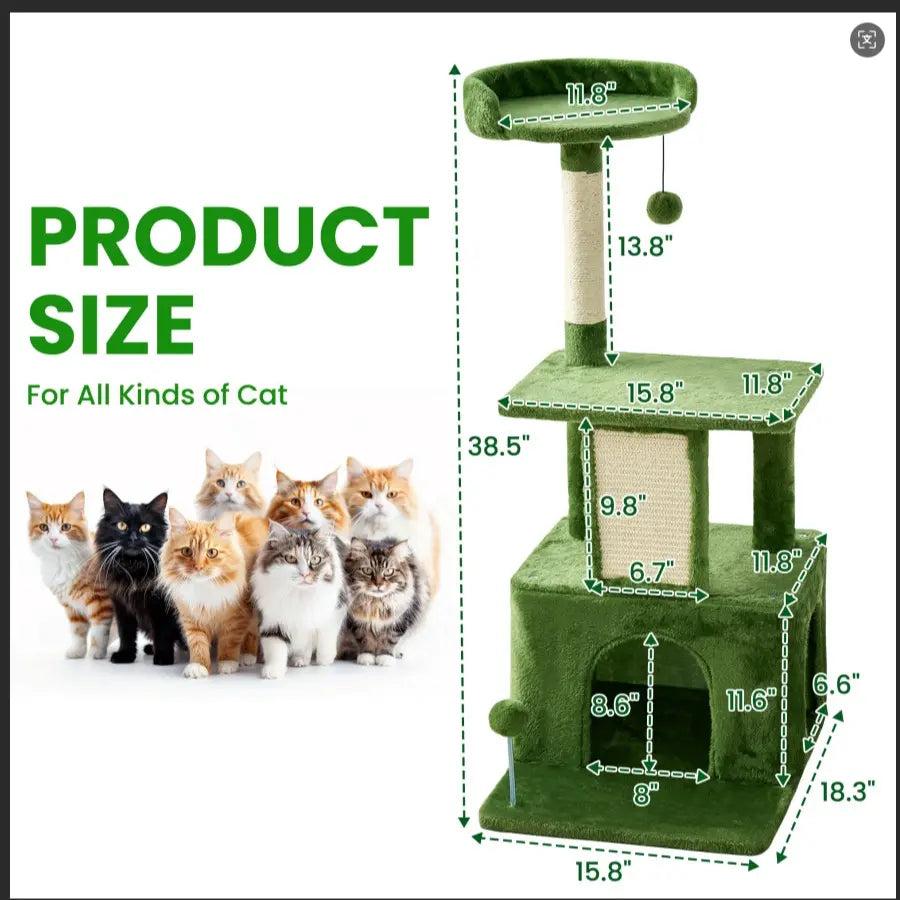 Wecharmer Indoor Cat Tree Tower with Green Leaves, Plush Cat Condo, Scratching Posts, and Hanging Ball