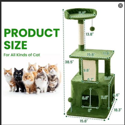 Wecharmer Indoor Cat Tree Tower with Green Leaves, Plush Cat Condo, Scratching Posts, and Hanging Ball